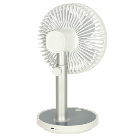 Wentylator biurkowy wiatrak przenośny bezprzewodowy USB z akumulatorem regulowany 4 poziomy mocy LED 38cm biały Wentylator biurkowy wiatrak przenośny bezprzewodowy USB z akumulatorem regulowany 4 poziomy mocy LED 38cm biały