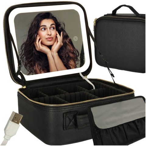 Kosmetyczka organizer na kosmetyki biżuterię kuferek z lusterkiem LED czarny Kosmetyczka organizer na kosmetyki biżuterię kuferek z lusterkiem LED czarny