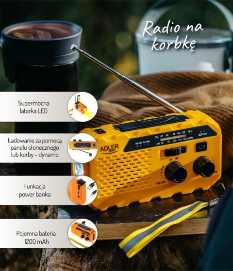 Radio przenośne Adler AD 1197 solarne turystyczne na korbkę biwakowe 3 sposoby ładowania latarka sygnał SOS 1200mAh Radio przenośne Adler AD 1197 solarne turystyczne na korbkę biwakowe 3 sposoby ładowania latarka sygnał SOS 1200mAh