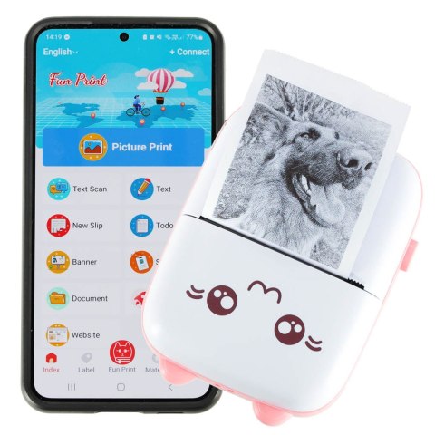 Drukotek drukarka mini termiczna do zdjęć notatek etykiet + kabel USB kotek kot różowy Drukotek drukarka mini termiczna do zdjęć notatek etykiet + kabel USB kotek kot różowy