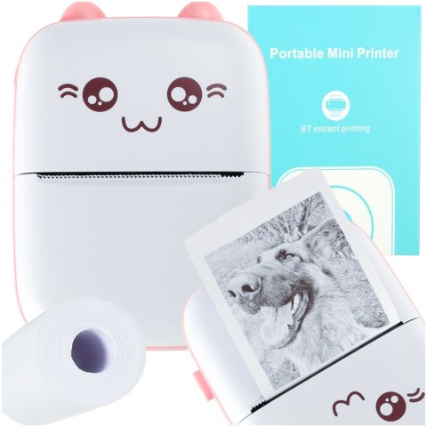 Drukotek drukarka mini termiczna do zdjęć notatek etykiet + kabel USB kotek kot różowy Drukotek drukarka mini termiczna do zdjęć notatek etykiet + kabel USB kotek kot różowy