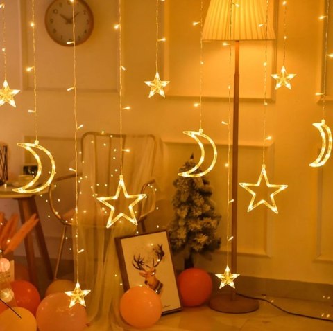 Lampki LED kurtyna księżyc gwiazdki świąteczne choinkowe 2,5m 138LED ciepły biały Lampki LED kurtyna księżyc gwiazdki świąteczne choinkowe 2,5m 138LED ciepły biały