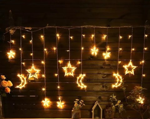 Lampki LED kurtyna księżyc gwiazdki świąteczne choinkowe 2,5m 138LED ciepły biały Lampki LED kurtyna księżyc gwiazdki świąteczne choinkowe 2,5m 138LED ciepły biały