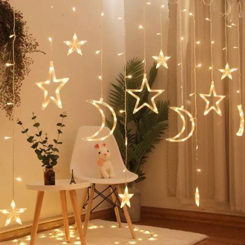 Lampki LED kurtyna księżyc gwiazdki świąteczne choinkowe 2,5m 138LED ciepły biały Lampki LED kurtyna księżyc gwiazdki świąteczne choinkowe 2,5m 138LED ciepły biały