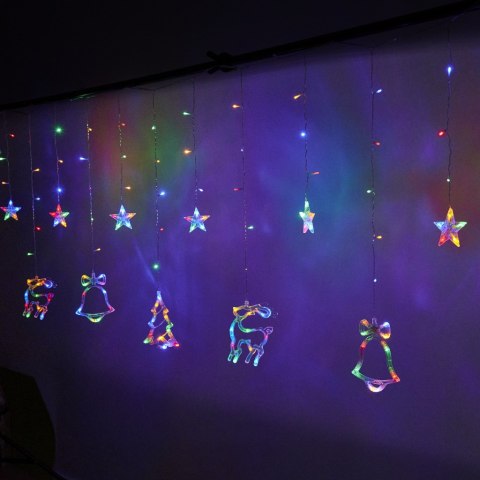 Lampki LED kurtyna renifer dzwonek mix świąteczne choinkowe 2,5m 138LED multikolor 8 trybów świecenia IP44 Lampki LED kurtyna renifer dzwonek mix świąteczne choinkowe 2,5m 138LED multikolor 8 trybów świecenia IP44