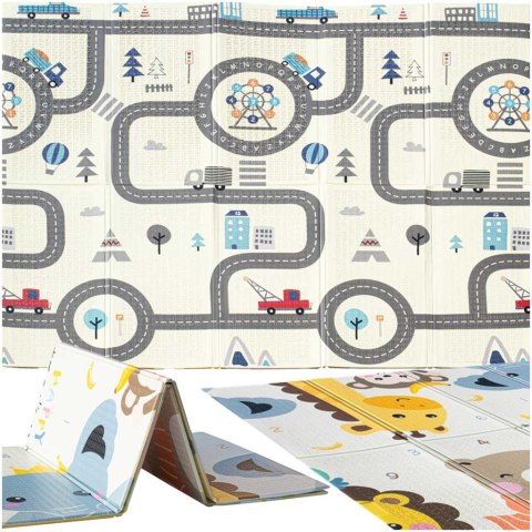 Mata edukacyjna piankowa dwustronna składana zwierzęta ulica 180 x 200 cm Mata edukacyjna piankowa dwustronna składana zwierzęta ulica 180 x 200 cm