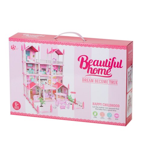 Domek dla lalek willa różowa DIY 4 poziomy mebelki 61cm Domek dla lalek willa różowa DIY 4 poziomy mebelki 61cm