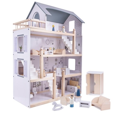 Domek dla lalek drewniany mebelki 80cm biały szary Domek dla lalek drewniany mebelki 80cm biały szary