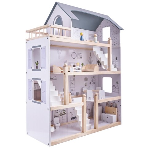 Domek dla lalek drewniany mebelki 80cm biały szary Domek dla lalek drewniany mebelki 80cm biały szary