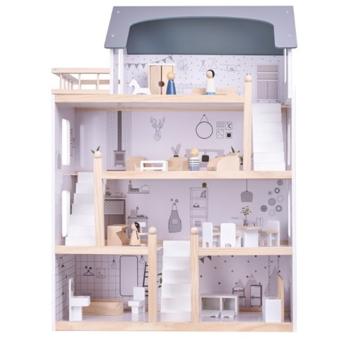 Domek dla lalek drewniany mebelki 80cm biały szary Domek dla lalek drewniany mebelki 80cm biały szary