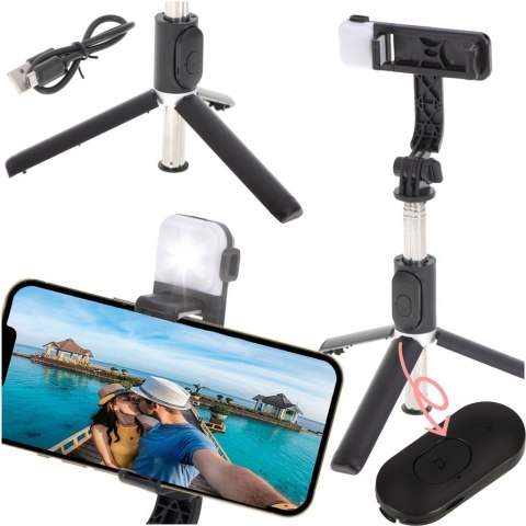 Kijek do selfie z pilotem Bluetooth statyw tripod lampka LED czarny Kijek do selfie z pilotem Bluetooth statyw tripod lampka LED czarny