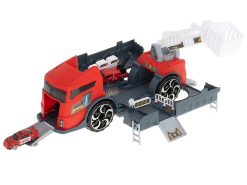 TIR laweta ciężarówka samochód transporter naczepa 2w1 parking resoraki straż pożarna 2 auta czerwone TIR laweta ciężarówka samochód transporter naczepa 2w1 parking resoraki straż pożarna 2 auta czerwone