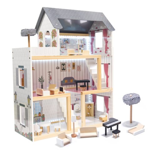 Domek dla lalek drewniany MDF mebelki 78cm czarny LED Domek dla lalek drewniany MDF mebelki 78cm czarny LED