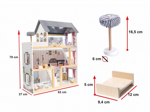 Domek dla lalek drewniany MDF mebelki 78cm czarny LED Domek dla lalek drewniany MDF mebelki 78cm czarny LED