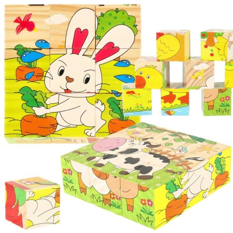 Klocki drewniane edukacyjne puzzle układanka kostki Farma 6w1 9el. Klocki drewniane edukacyjne puzzle układanka kostki Farma 6w1 9el.